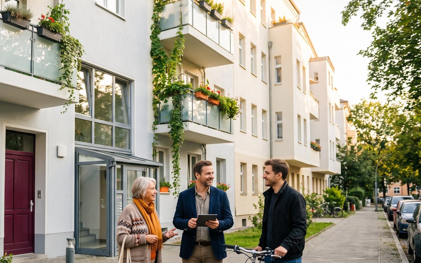 Közös képviselő tablettel beszélget két lakóval egy felújított társasház bejárata előtt